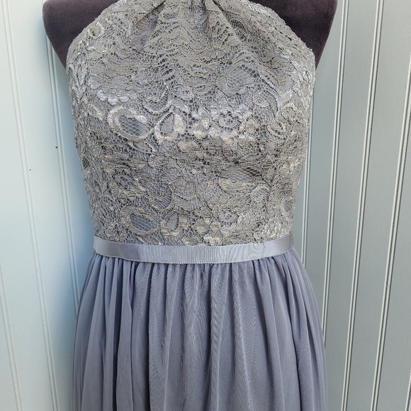DAVIDS BRIDAL Silver Gray Bridesmaid Halter Tie Strapless Dress Nylon Mesh Sz 4 - Picture 4 of 14
